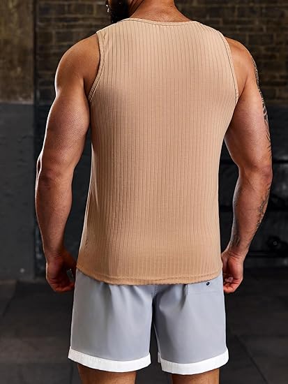 Men’s Solid Ribbed Knit Crew Neck Sleeveless Workout Tank Top