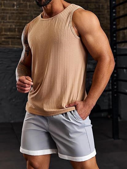 Men’s Solid Ribbed Knit Crew Neck Sleeveless Workout Tank Top