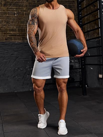 Men’s Solid Ribbed Knit Crew Neck Sleeveless Workout Tank Top